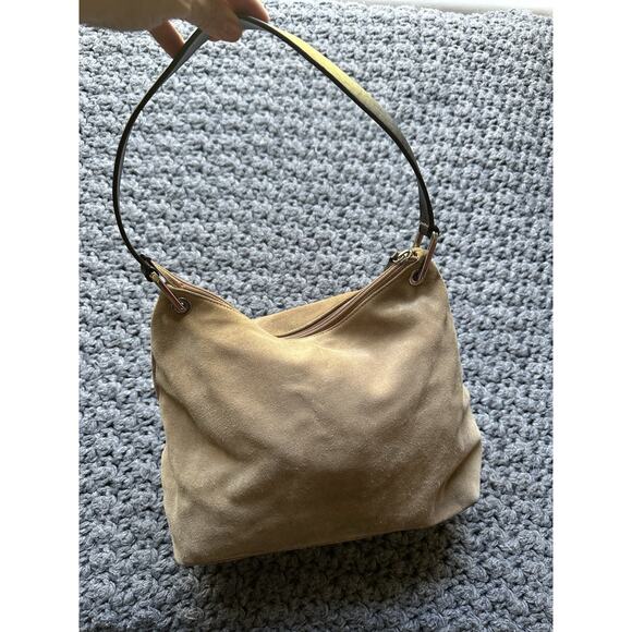 VTG Eddie Bauer Suede Shoulder Tote Bag Purse Tan Y2k Brown Cow Leather - Picture 1 of 13